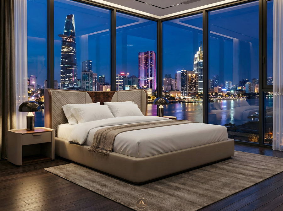 Giường ngủ gỗ óc chó bọc da toàn bộ