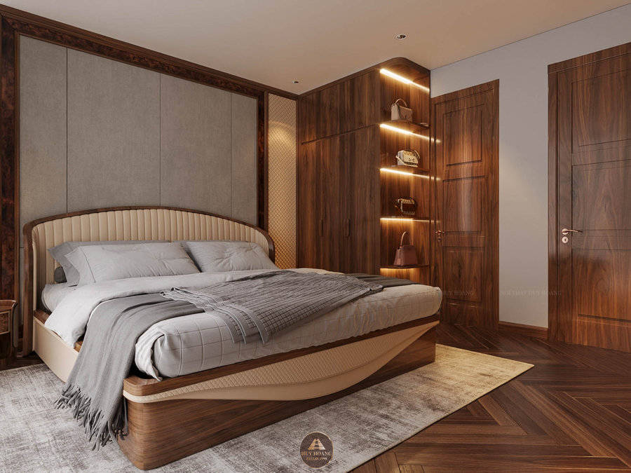 Giường ngủ 1m8 gỗ óc chó bọc da bò Ý