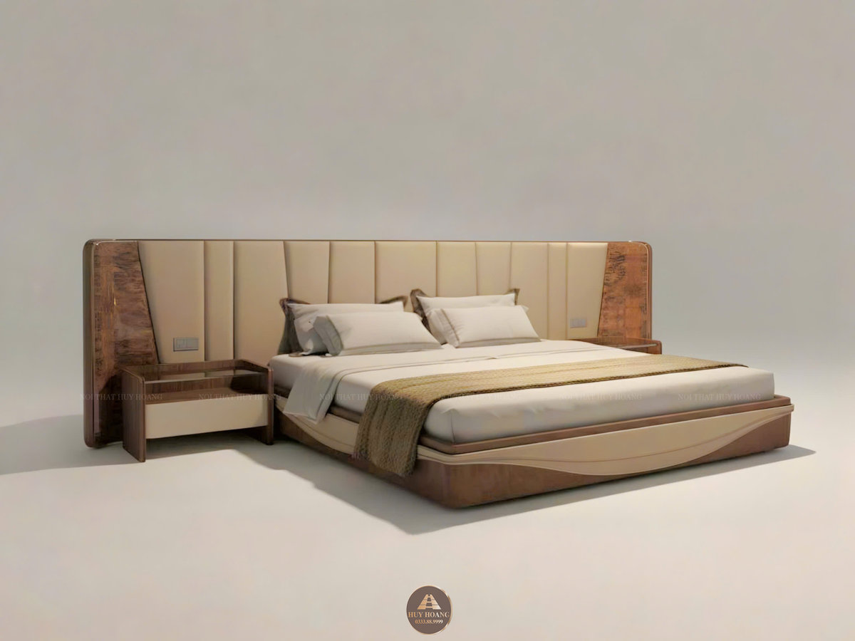 Giường ngủ da bò Ý nhập khẩu kết hợp vách đầu giường
