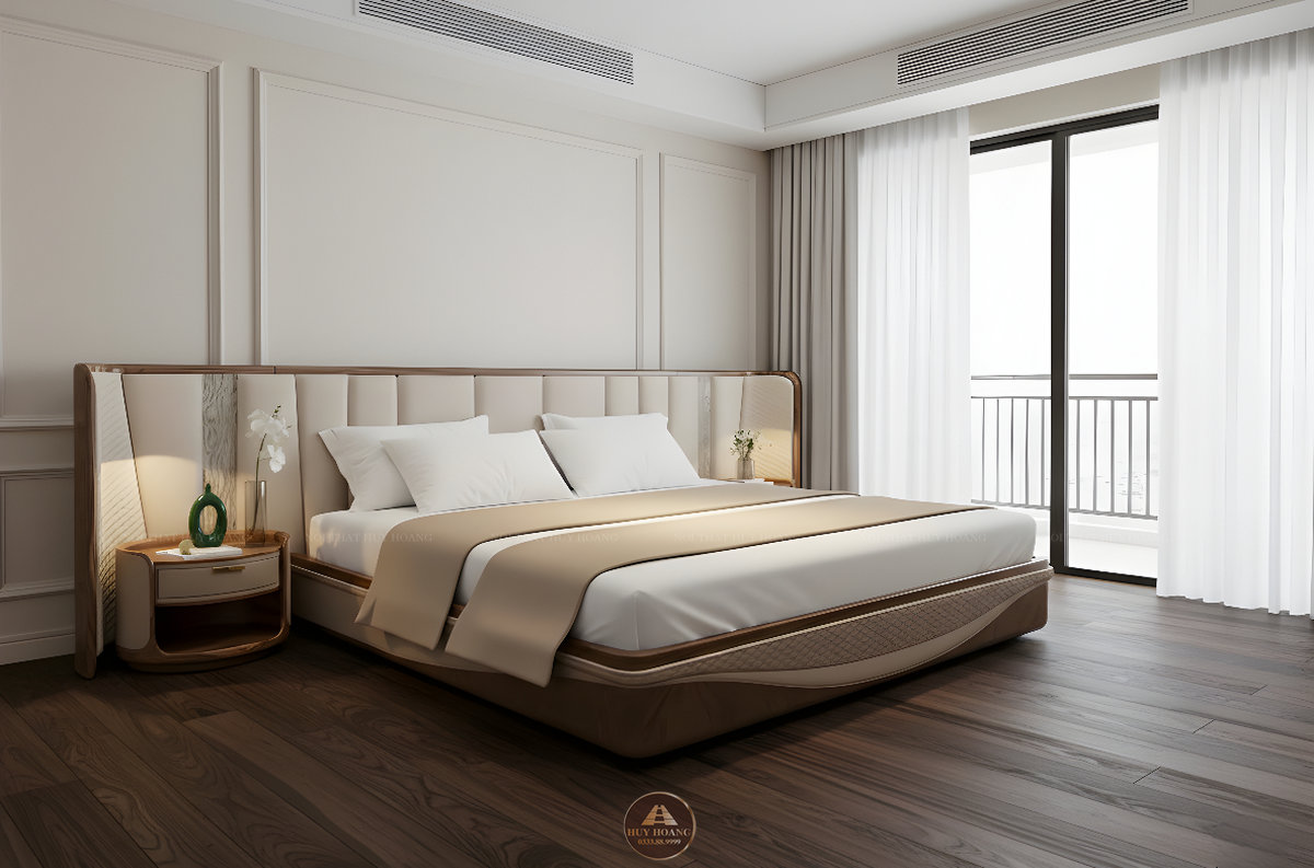 Giường ngủ da bò Ý kết hợp vách ốp đầu giường
