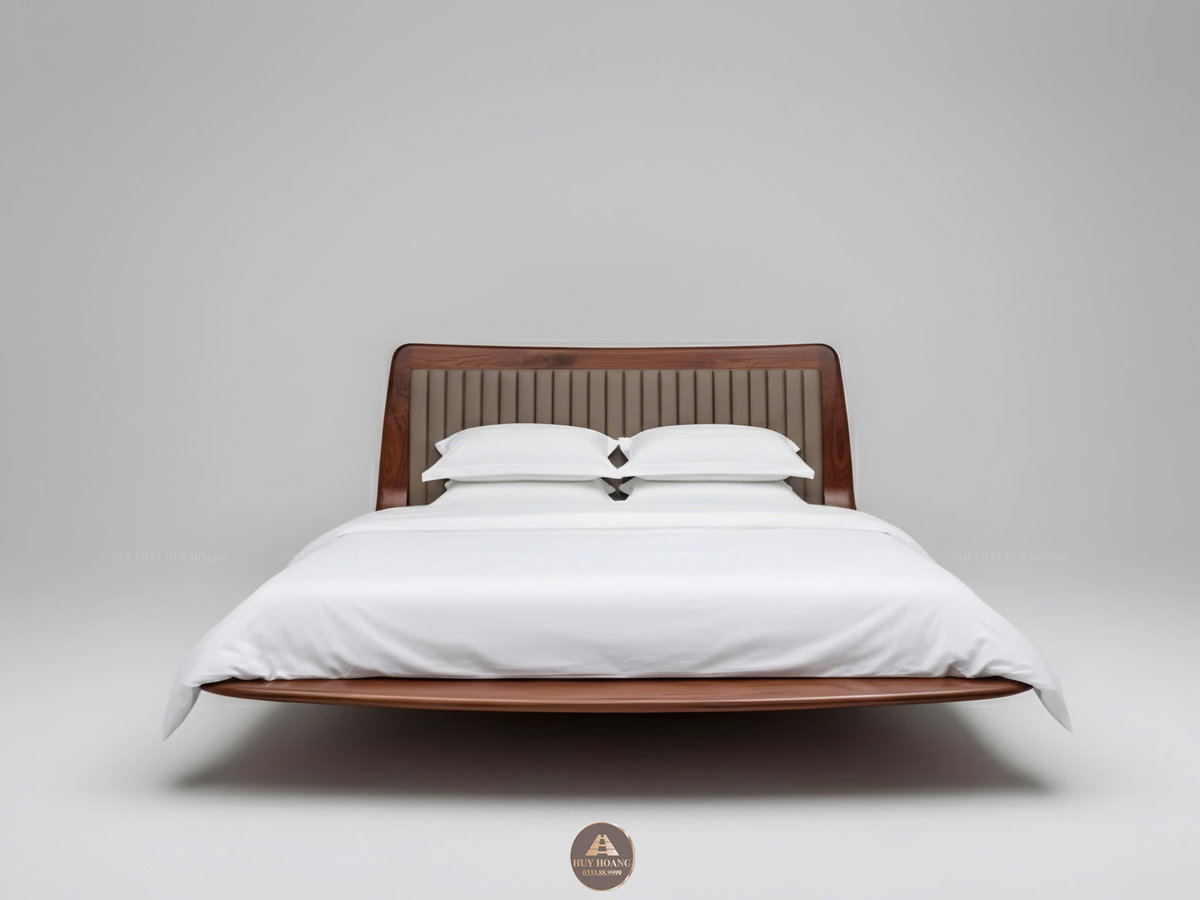 Giường ngủ da bò Ý gỗ óc chó dáng bay