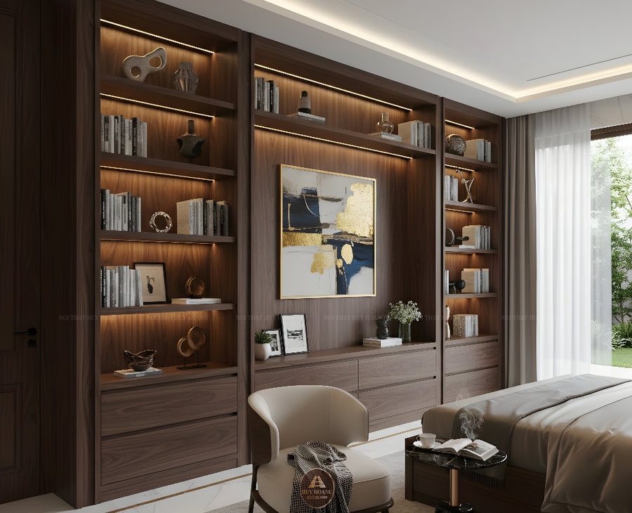 Mẫu tủ kệ s&aacute;ch gỗ &oacute;c ch&oacute; kịch trần