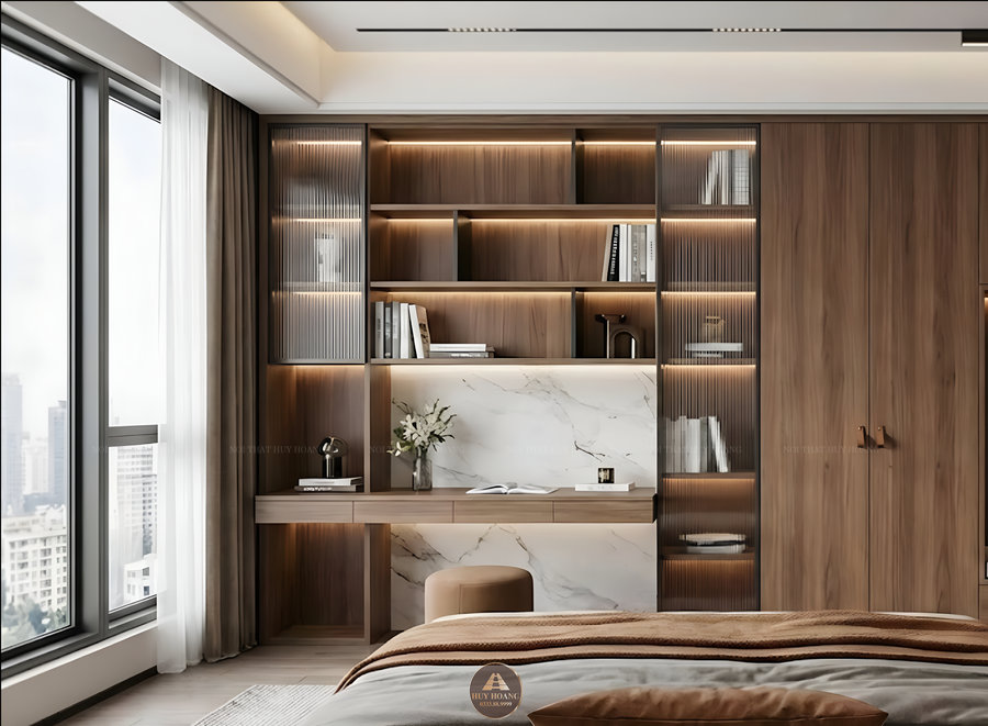 Thiết kế tủ s&aacute;ch gỗ &oacute;c ch&oacute; hiện đại cho ph&ograve;ng ngủ