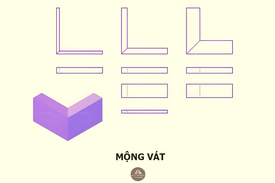 Kỹ thuật gh&eacute;p mộng gỗ: Bản vẽ chi tiết mộng v&aacute;t cắt g&oacute;c 45 độ để tạo g&oacute;c vu&ocirc;ng thẩm mỹ