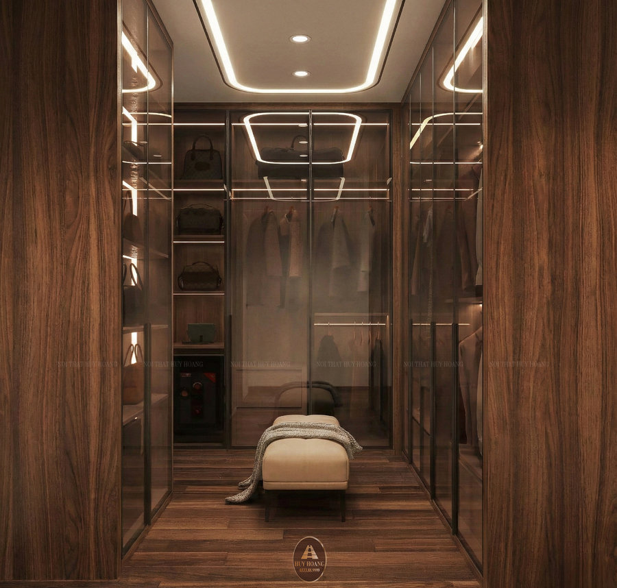 Phòng thay đồ gỗ óc chó hệ tủ dáng chữ U, phòng thay đồ gỗ óc chó chữ U