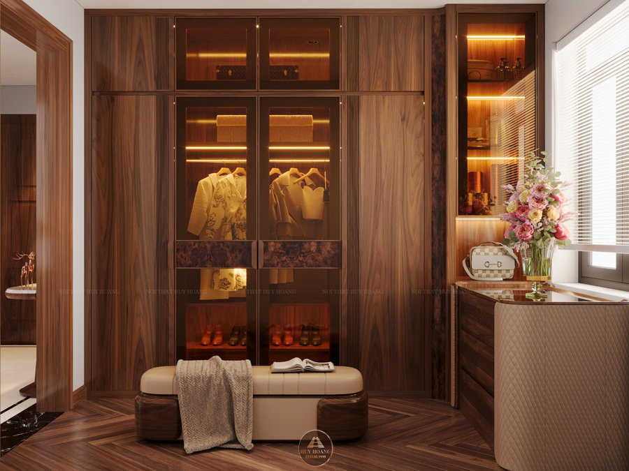 Thiết kế phòng thay đồ gỗ óc chó sang trọng dẫn đầu xu hướng