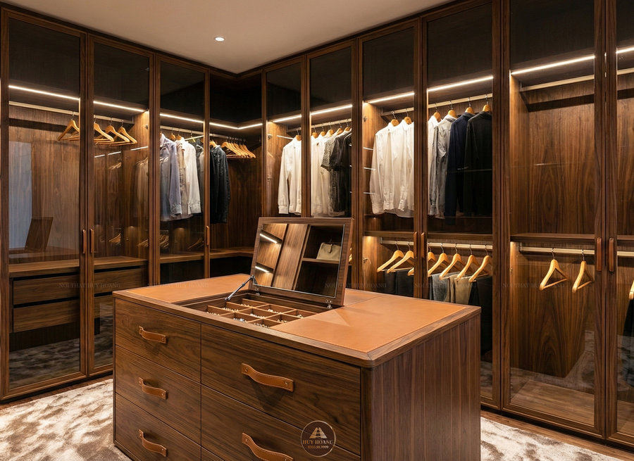 Phòng thay đồ gỗ óc chó, phòng thay đồ gỗ óc chó cánh kính