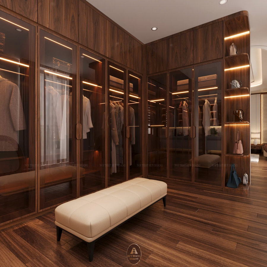 Phòng thay đồ gỗ óc chó hệ tủ dáng chữ L, phòng thay đồ gỗ óc chó chữ L