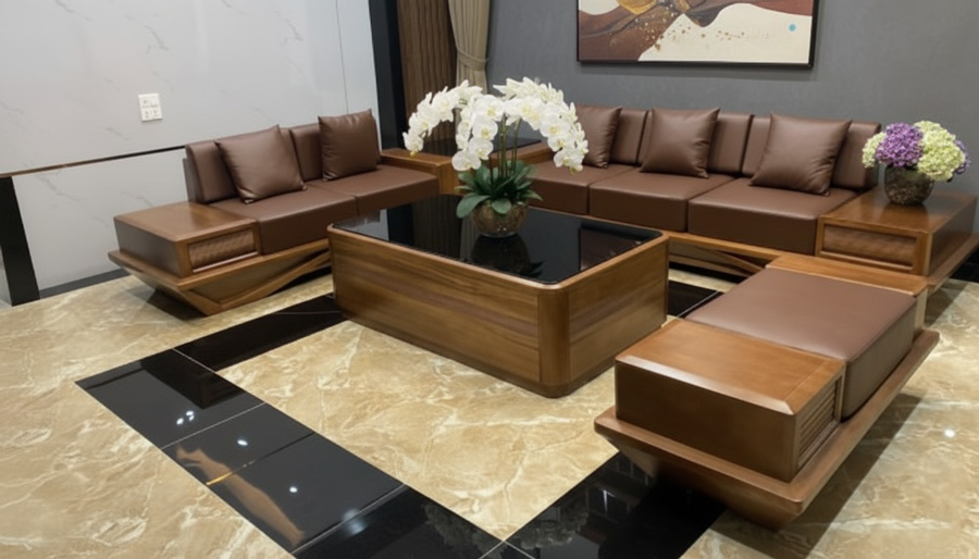 so sánh sofa gỗ óc chó chữ L và sofa gỗ gõ đỏ chữ L