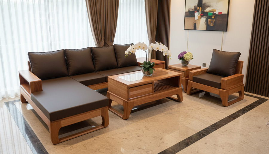 so sánh sofa gỗ gõ đỏ chữ L và sofa gỗ óc chó chữ L