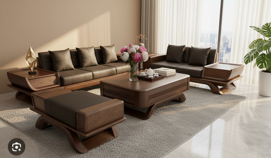 Sofa gỗ sồi chữ L đa năng tích hợp kệ