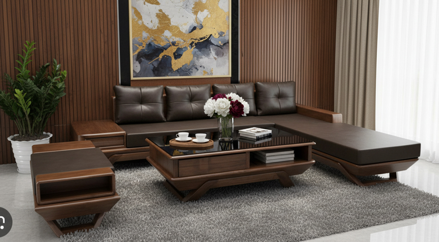 Sofa gỗ sồi chữ L hiện đại