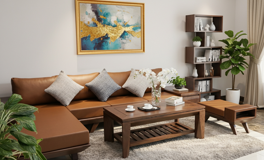 Sofa gỗ sồi chữ L thiết kế hiện đại