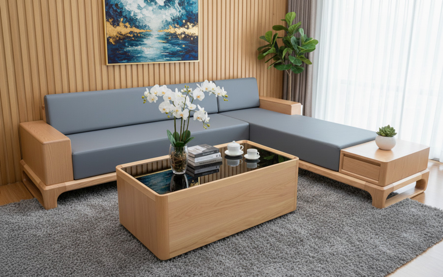 báo giá sofa gỗ sồi chữ L, bảng giá sofa gỗ sồi chữ L