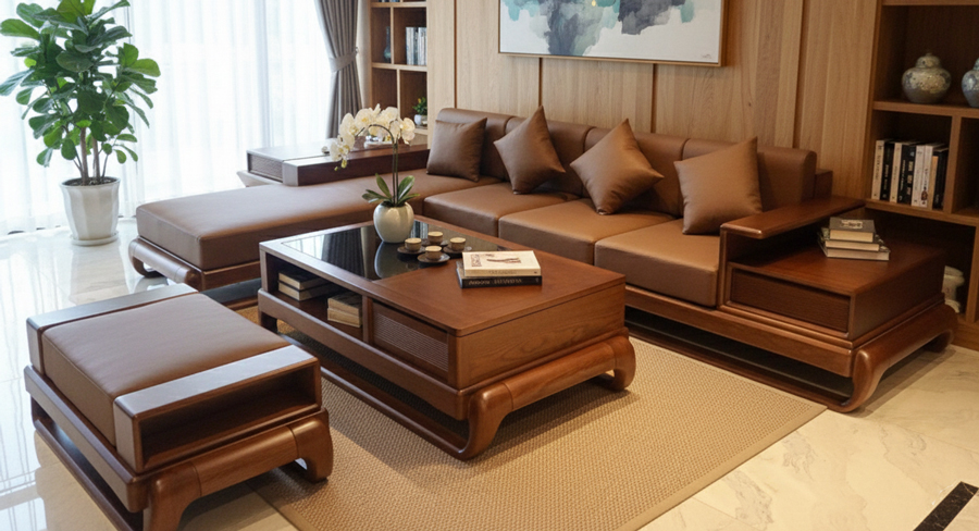 Sofa gỗ sồi Mỹ chữ L và sofa gỗ sồi Nga chữ L