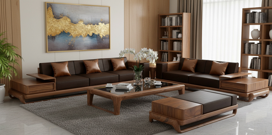 Sofa gỗ sồi chữ L hiện đại tinh tế