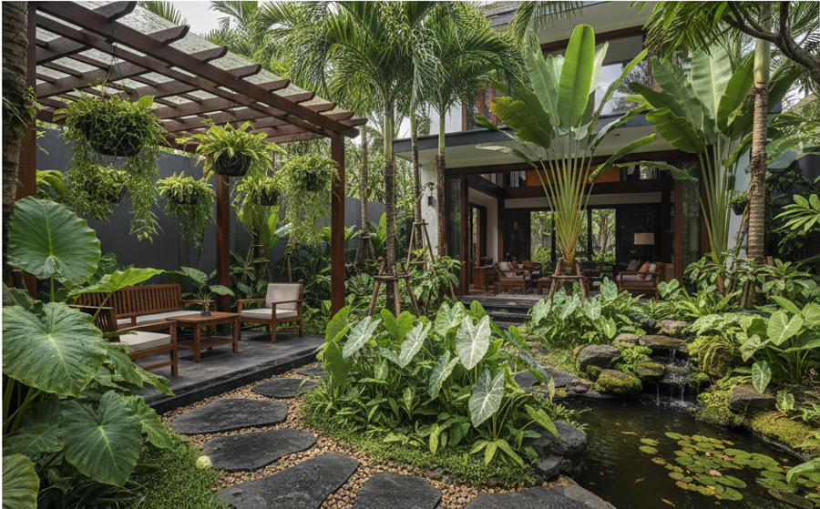 Thiết kế cảnh quan s&acirc;n vườn nhiệt đới xanh m&aacute;t cho nh&agrave; phố