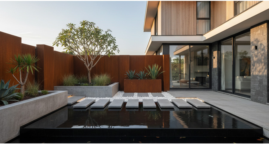 Mẫu thiết kế cảnh quan hiện đại với đường n&eacute;t mạnh mẽ