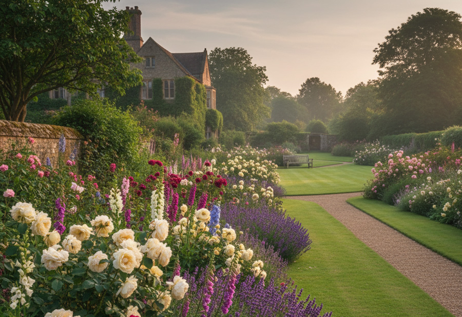 Mẫu thiết kế s&acirc;n vườn phong c&aacute;ch Anh Quốc l&atilde;ng mạn với lối đi rải sỏi