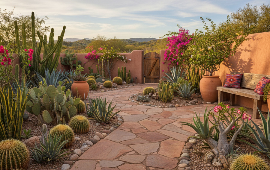 Cảnh quan s&acirc;n vườn phong c&aacute;ch T&acirc;y Nam Mỹ với xương rồng v&agrave; đ&aacute; tự nhi&ecirc;n