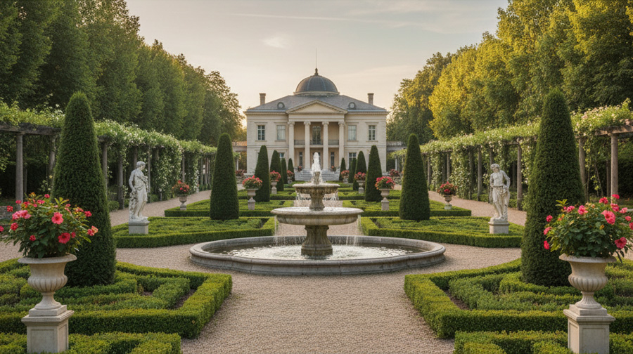 Thiết kế vườn phong c&aacute;ch Cổ điển Ch&acirc;u &Acirc;u với đ&agrave;i phun nước sang trọng