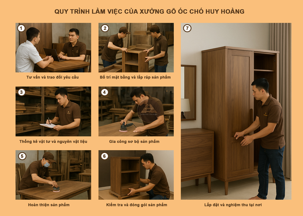 Quy trình làm việc của xưởng sản xuất nội thất gỗ óc chó