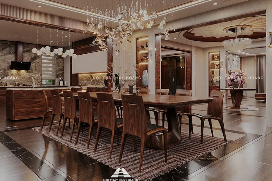 Thiết kế b&agrave;n ăn 12 ghế mang đến sự bề thế v&agrave; sang trọng cho ph&ograve;ng ăn rộng lớn