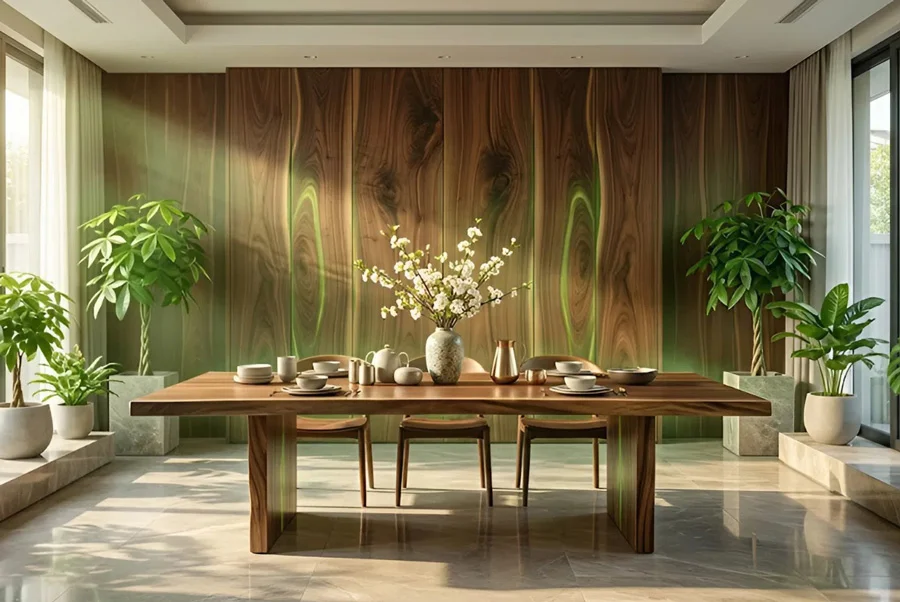 Tone m&agrave;u n&acirc;u trầm của gỗ &oacute;c ch&oacute; tạo cảm gi&aacute;c ấm c&uacute;ng v&agrave; thu h&uacute;t vượng kh&iacute; cho ph&ograve;ng bếp