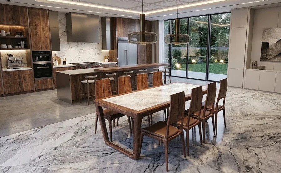 Mẫu b&agrave;n ăn gỗ &oacute;c ch&oacute; 8 ghế mặt đ&aacute; thoải m&aacute;i v&agrave; tiện nghi