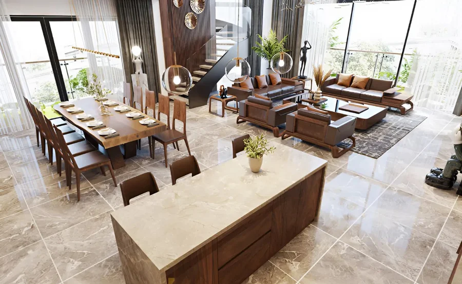 Đồng bộ sofa v&agrave; b&agrave;n ăn gỗ &oacute;c ch&oacute; gi&uacute;p kh&ocirc;ng gian sống liền mạch v&agrave; đẳng cấp hơn