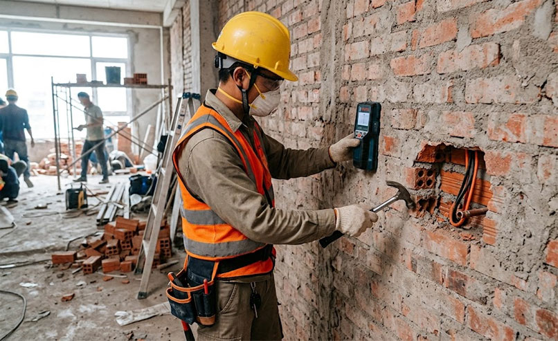 Tường cần được kiểm tra trước khi ph&aacute; để x&aacute;c định kết cấu v&agrave; hệ thống kỹ thuật b&ecirc;n trong