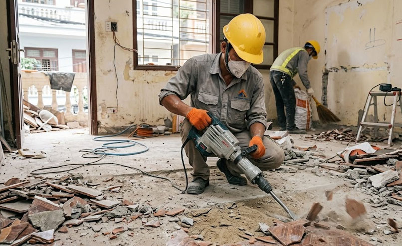 Nền gạch v&agrave; lớp c&aacute;n nền được th&aacute;o dỡ trước khi thi c&ocirc;ng hệ thống mới