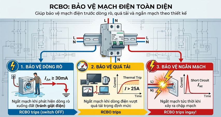 Lắp đặt RCBO bảo vệ d&ograve;ng r&ograve; trong tủ điện gia đ&igrave;nh