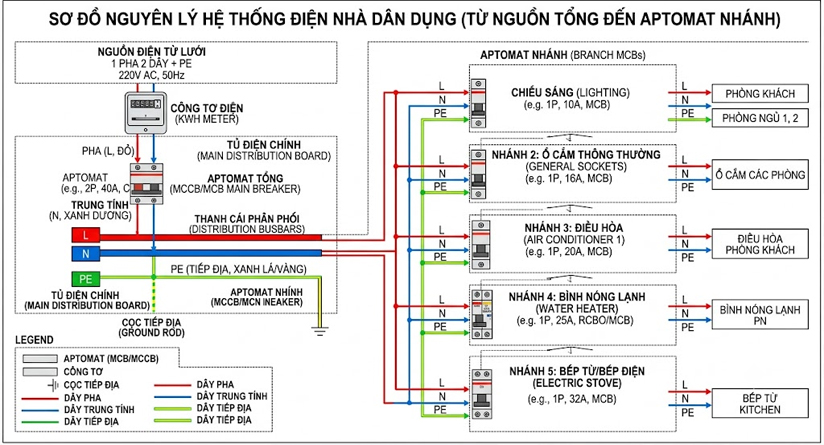 Sơ đồ nguy&ecirc;n l&yacute; từ nguồn điện tổng đến c&aacute;c Aptomat nh&aacute;nh trong nh&agrave;