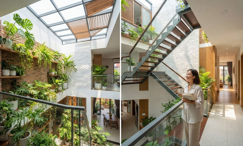 Giếng trời được cải tạo gi&uacute;p đưa &aacute;nh s&aacute;ng tự nhi&ecirc;n v&agrave;o s&acirc;u b&ecirc;n trong nh&agrave; ống