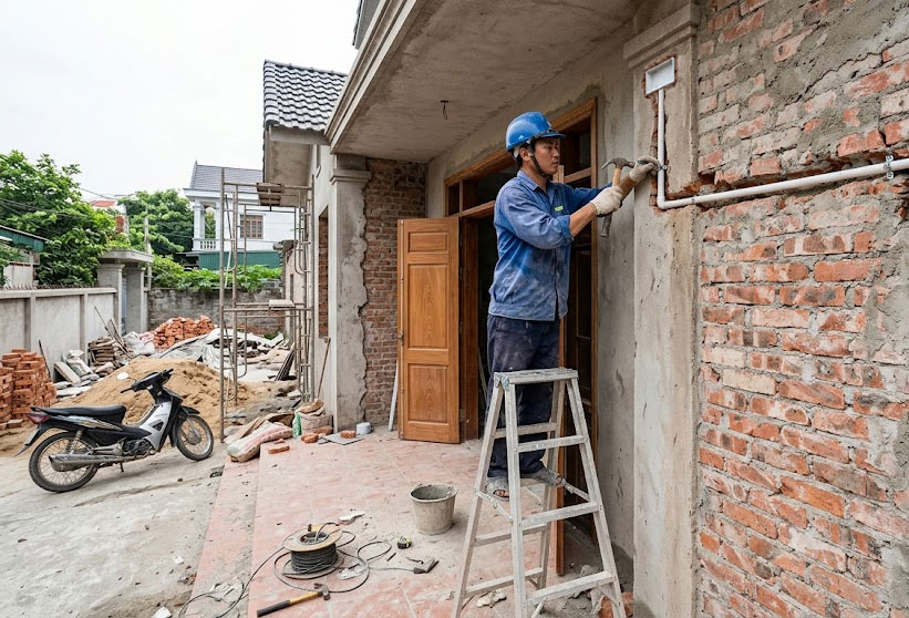 Ống luồn d&acirc;y được bố tr&iacute; &acirc;m tường trước khi ho&agrave;n thiện bề mặt