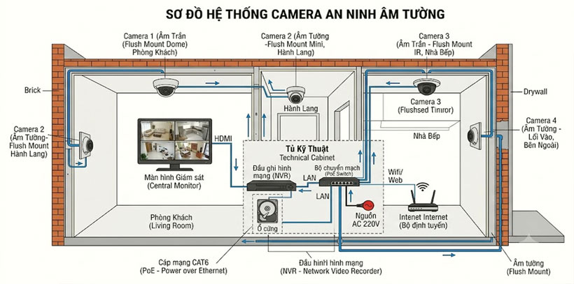 Sơ đồ hệ thống camera an ninh &acirc;m tường