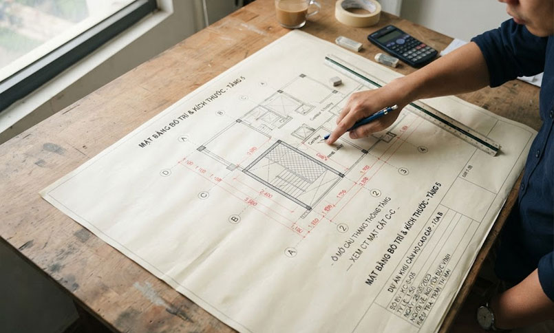 Bản vẽ x&aacute;c định vị tr&iacute; v&agrave; k&iacute;ch thước &ocirc; mở cầu thang