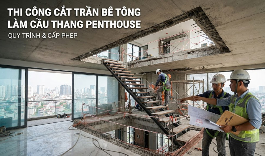 Quy tr&igrave;nh thi c&ocirc;ng cắt trần b&ecirc; t&ocirc;ng tạo &ocirc; mở cầu thang Penthouse