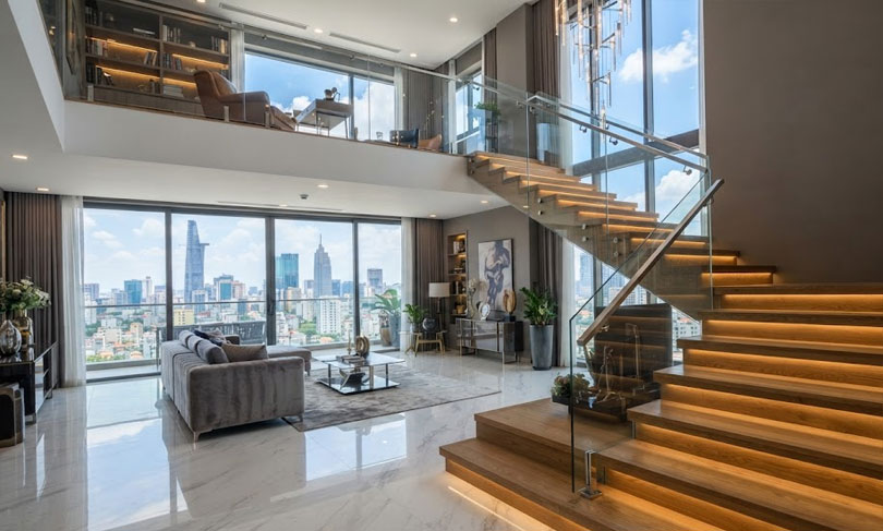Cầu thang Penthouse sau khi ho&agrave;n thiện v&agrave; kết nối hai tầng