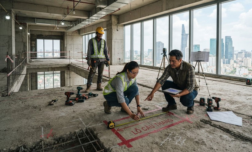Kiểm tra kết cấu s&agrave;n trước khi x&aacute;c định vị tr&iacute; mở cầu thang
