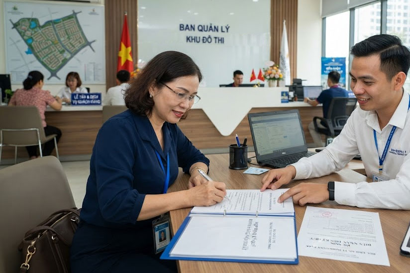 Kh&aacute;ch h&agrave;ng l&agrave;m thủ tục k&yacute; quỹ thi c&ocirc;ng nội thất với Ban quản l&yacute; khu đ&ocirc; thị