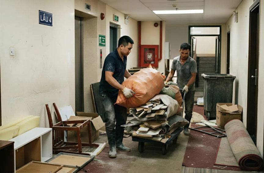 Thu gom phế thải đ&uacute;ng quy định khi thi c&ocirc;ng nội thất chung cư