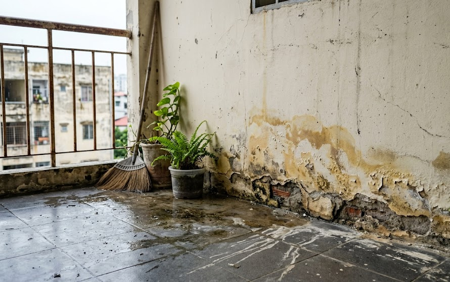Vết ố bong tr&oacute;c sơn v&agrave; tường ẩm l&agrave; những dấu hiệu thường gặp khi ban c&ocirc;ng bị thấm nước