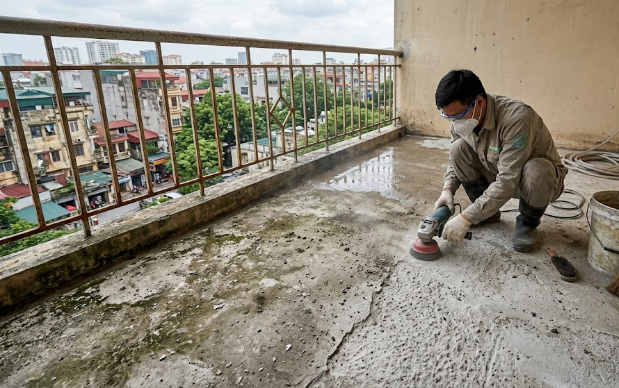 Vệ sinh v&agrave; xử l&yacute; bề mặt s&agrave;n b&ecirc; t&ocirc;ng trước khi thi c&ocirc;ng chống thấm