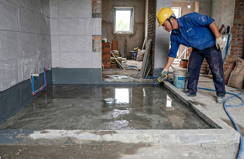 Ng&acirc;m thử nước để kiểm tra khả năng chống thấm trước khi l&aacute;t gạch v&agrave; ho&agrave;n thiện