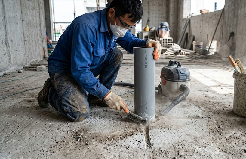 L&agrave;m sạch v&agrave; xử l&yacute; khe tiếp gi&aacute;p quanh ống trước khi thi c&ocirc;ng lớp chống thấm