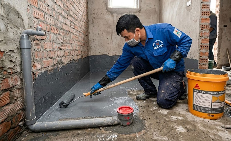 Vật liệu chống thấm được thi c&ocirc;ng đều tr&ecirc;n to&agrave;n bộ bề mặt s&agrave;n theo đ&uacute;ng định mức
