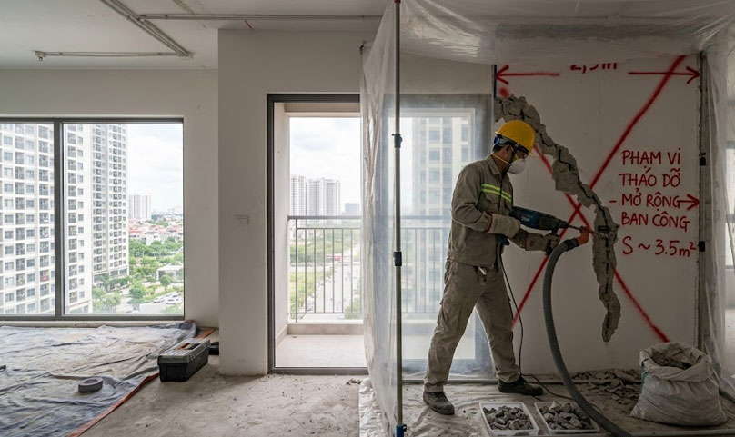 Tường được th&aacute;o dỡ từng phần để kiểm so&aacute;t rung chấn v&agrave; kết cấu