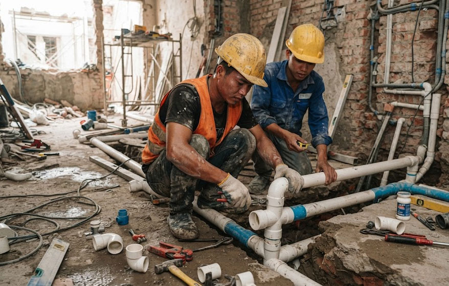 Đường ống tho&aacute;t nước được bố tr&iacute; &acirc;m s&agrave;n